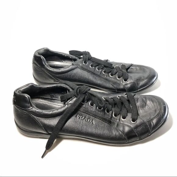 Prada Black Leather Lace Up Casual Low Top Sneaker Shoes Men’s Sz 10.5M US/44EU - Picture 1 of 14